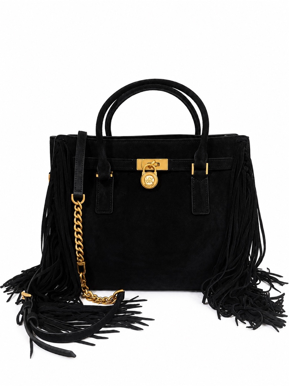 NWOT Michael Kors Hamilton Moderne Large Fringed Suede Satchel Black